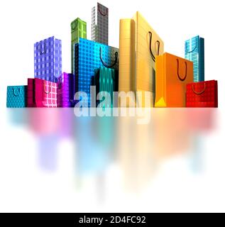 Einkaufen, Einzelhandel, Konsumerismus, Tragetaschen, Einkaufszentrum, Skyline Stockfoto