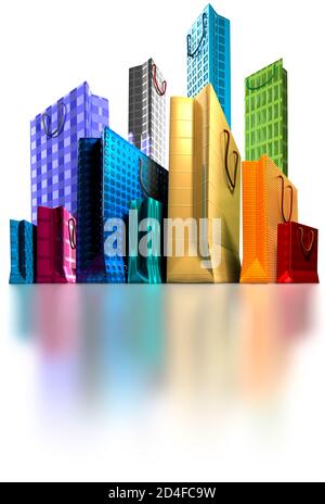 Einkaufen, Einzelhandel, Konsumerismus, Tragetaschen, Einkaufszentrum, Skyline Stockfoto