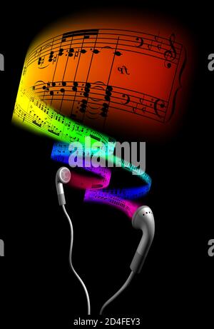 Musik aus Ohrstöpseln, schwarzer Hintergrund, Notation, Regenbogenfarben. Stockfoto