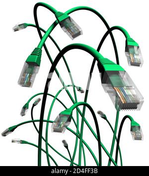Ethernet-Kabel, Grünanlage, Netzwerk, Dschungel, Wachstum, Erweiterung. Weißer Hintergrund, Nahaufnahme Stockfoto
