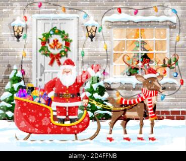Weihnachtliche Türdekoration. weihnachtsmann im Schlitten mit Hirsch. Eingang zum Vorstadthaus mit Kranz Girlande Lichter dekoriert. Weihnachtsgrüße. Neujahr und Weihnachtsfeier. Flache Vektorgrafik Stock Vektor