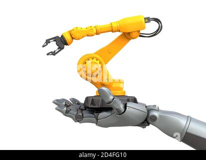 Industrielle Roboterarme in der Hand des Roboters. 3D-Illustration Stockfoto