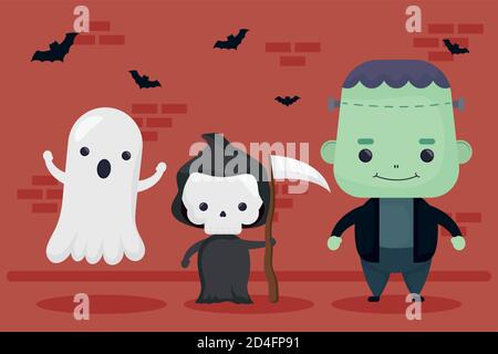 Happy halloween frankenstein und Geist mit Tod Zeichen Vektor-Illustration Design Stock Vektor