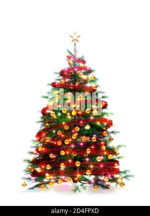 Weihnachtsbaum Schnitt weißen Hintergrund Schnee auf dem Boden. Goldene Kugeln, rote Lametta, Weihnachtslichter, isoliert Stockfoto