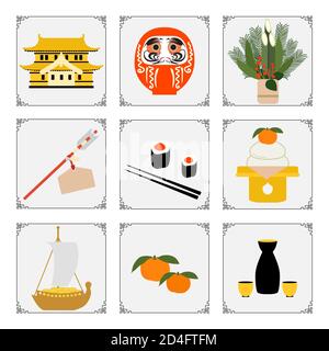 Symbole des japanischen Neujahr 2021 Schloss, Daruma, Mandarine, Sake-Set, Pfeil, Lebensmittel, Schatzschiff, Rollen Essstäbchen, Kiefer Bambus Dekorationen bei en Stock Vektor