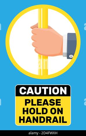 Hand, die den Handlauf beim Transport hält. Griffe für den sicheren Transport von Fahrgästen in Bus, U-Bahn, Zug. Gerader gelber Griff und Hand isoliert auf weiß. Cartoon flache Vektor-Illustration Stock Vektor