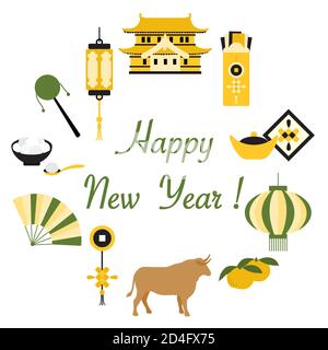 Symbole des chinesischen Neujahrs 2021 Vektor-Illustration Chinesische Laterne, Schloss, Umschlag mit Geld, Ingot, Fan, Lebensmittel süß Reisbälle tangyuam, tangeri Stock Vektor