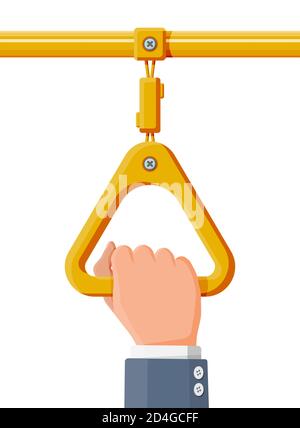Hand, die den Handlauf beim Transport hält. Griffe für den sicheren Transport von Fahrgästen in Bus, U-Bahn, Zug. Dreieck gelb Griff und Hand isoliert auf weiß. Cartoon flache Vektor-Illustration Stock Vektor