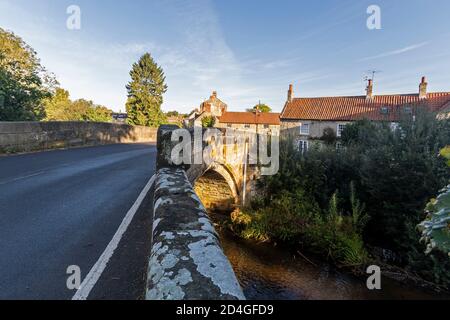 Eine alte Steinbrücke über den Fluss Rye in der kleinen Marktstadt Helmsley, die an der südlichen Grenze des North York Moors National Pa liegt Stockfoto