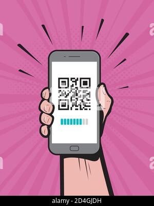 Hand hält ein Telefon mit qr-Code auf dem Bildschirm. Vektorgrafik Stock Vektor