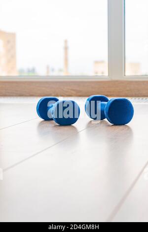 Blaue Fitness-Hanteln liegen auf dem Boden gegen das Fenster. Sport Stockfoto
