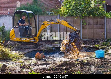 Gartenabräumarbeiten und Renovierungen, die im Oktober im Garten in Bournemouth, Dorset UK, stattfinden - Rodung des Gartenteiches mit jcb-Minibagger Stockfoto