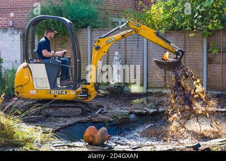 Gartenabräumarbeiten und Renovierungen, die im Oktober im Garten in Bournemouth, Dorset UK, stattfinden - Rodung des Gartenteiches mit jcb-Minibagger Stockfoto