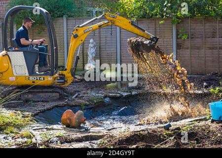 Gartenabräumarbeiten und Renovierungen, die im Oktober im Garten in Bournemouth, Dorset UK, stattfinden - Rodung des Gartenteiches mit jcb-Minibagger Stockfoto