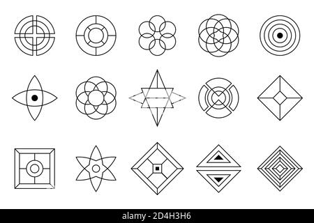 Satz von Vektordesign-Elementen, isoliert auf weißem Hintergrund. Heilige Geometrie. Geometrisch symmetrische Formen. Alchemie, Religion, Philosophie. Stock Vektor