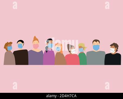 Eine Gruppe von Menschen, die medizinische Masken tragen, um Krankheiten zu verhindern. Vektorgrafik im flachen Stil Stock Vektor