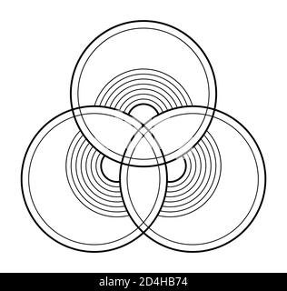 Abstraktes geometrisches Symbol, Muster von sich überschneidenden und überlappenden Kreisen. Drei ineinandergreifendes Ringmuster. Isoliert auf weißem Hintergrund. Stock Vektor