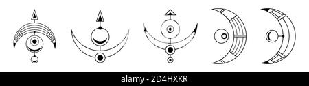 Satz von vier abstrakten geometrischen Symbolen. Heilige Geometrie Zeichen mit geometrischen Formen. Isoliert auf weißem Hintergrund. Schwarze lineare Formen. Lineares Logo. Stock Vektor