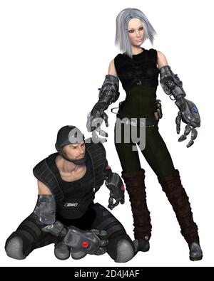 Männliche und weibliche Cyber-Soldaten warten auf Angriff, 3D digital gerenderte Illustration Stockfoto