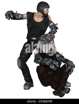 Männliche und weibliche Cyber-Soldaten bereit zum Angriff, 3D digital gerenderte Illustration Stockfoto