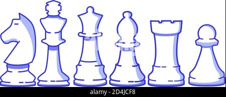 Schachfiguren gesetzt. Bauer, Zimmer, Bischof, Königin, Pferd, Königflache Vektor-Linie Kunst Stock Vektor