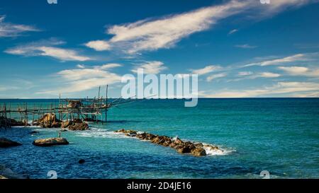 Trabocchi Küste, San Vito Chietino, Abruzzen, Italien Stockfoto