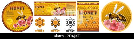 Honigetikett für Glas, Verpackung, Verpackung, Verpackung. Vektor. Konzept Design Farmer Produkte. Logo. Bio-rustikales Naturprodukt auf dem Bauernhof. Stockfoto