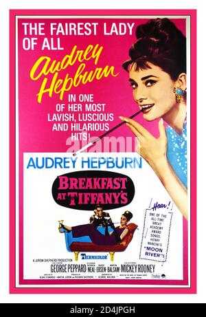 Film Filmplakat FRÜHSTÜCK IM TIFFANY’S, AUDREY HEPBURN, George Peppard, Mickey Rooney, Patricia Neal, Buddy Ebsen, Martin Balsam Regie Blake Edwards 'Moon River' Henry Mancini. 1961 Stockfoto