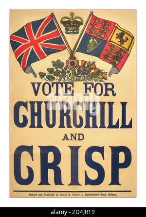 1900 Oldham UK Wahlplakat für Churchill und Crisp - Wahlplakat – Winston Churchill Politisches Plakat, das Stimmen für 'Churchill und Crisp' fordert die Wahlergebnisse von 1900 waren als Khaki-Wahlen bekannt geworden, weil sie vor dem Hintergrund des offensichtlichen britischen Erfolgs im Burenkrieg durchgeführt wurden. Das brachte die konservative Regierung in eine starke Position und erlaubte Churchill, seine südafrikanischen Erfahrungen voll auszuschöpfen. Das Oldham-Ergebnis, das am 1. Oktober erklärt wurde, hatte Churchill ihre zweite Stimme gegeben, um ihn zum zweiten Parlamentsabgeordneten der Stadt zu machen. Seine Karriere in der Politik hatte begonnen Stockfoto