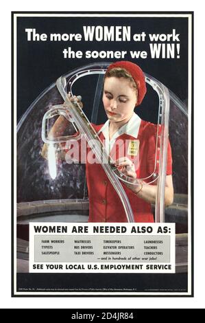 1940er Jahre USA Propaganda Recruitment Poster World war II "je mehr Frauen bei der Arbeit, desto früher gewinnen wir! Frauen werden auch als [...] Wenden Sie sich an Ihren lokalen US-Arbeitsdienst. Eine Frau, die in einer Flugzeugfabrik auf einem Plexiglas-Angriff Flugzeug-Baldachin.2. Weltkrieg Stockfoto