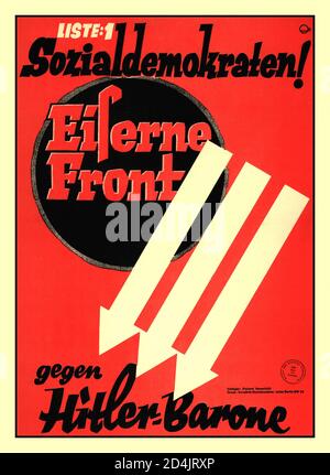 Archiv Nazi-Wahlplakat der SPD zur Reichstagswahl am 6. November 1932 Eiserne Front 1932 Hitler gegen Barone am 6. November 1932 fanden in Deutschland Bundestagswahlen statt. Die NSDAP verzeichnete einen Rückgang ihres Stimmenanteils um vier Prozent, während es für die Kommunistische Partei Deutschlands und die nationalkonservative Deutsche Volkspartei leichte Steigerungen gab. Die Ergebnisse waren eine große Enttäuschung für die Nazis, die 34 Sitze verloren und es versäumt hatten, eine Koalitionsregierung im Reichstag zu bilden. Stockfoto