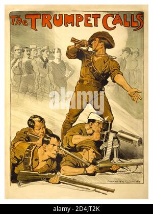 1. Weltkrieg 1914 die Trompete ruft australische Armee Rekrutierung Propaganda Plakat Australian World war I Rekrutierung beitreten anmelden Rekrutierung Plakat. Ein Armeesoldat Bugler ruft australische Männer an, um sich dem Kampf anzuschließen. Kunstwerk des australischen Künstlers Norman Lindsay (1879-1969) Stockfoto