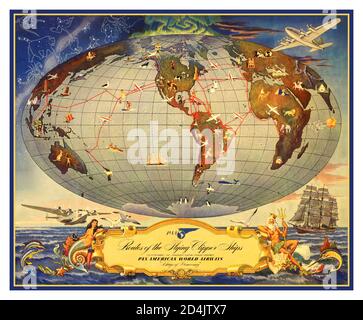 Vintage PAN AM 1940er Aviation Airline World Map Pan American Airways Dezember 1941 „Routen der Flying Clipper Ships“ „Wings of Democracy“ Reise Vintage Illustration Lithografie Poster „Following Wartime Changes censored“ World war II Advertising Stockfoto