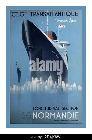 1930er JAHRE FRANZÖSISCHE LINIENSCHIFFFAHRT SS Normandie Vintage Ocean Liner Poster New York die SS Normandie war ein französischer Ozeandampfer, der in Saint-Nazaire, Frankreich, für die French Line Compagnie Générale Transatlantique gebaut wurde. 1932 ins Leben gerufen war sie das größte und schnellste Schiff der Welt, und sie behält die Auszeichnung als das leistungsstärkste Dampf-Turbo-Elektro-Fahrgastschiff jemals gebaut. Vintage Passenger Service Poster - Vintage Ocean Liner, Luxus Passagierschiffe und Twenty Century Steamship Reisen zu weltweiten Destinationen. Vintage Retro Shipping Lines und Passenger Ship Reisewerbung Stockfoto