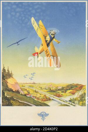 Jahrgang 1937 Nazi-Propaganda National Socialist Flying Corps Poster-Karte mit zweiflachgetragenem Hakenkreuz-Symbol auf der Schwanzflosse. Deutsche Kunstflug-Meisterschaff des Künstlers Jupp Wiertz Stockfoto