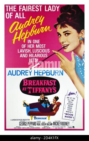 Film Filmplakat FRÜHSTÜCK IM TIFFANY’S, AUDREY HEPBURN, George Peppard, Mickey Rooney, Patricia Neal, Buddy Ebsen, Martin Balsam Regie Blake Edwards 'Moon River' Henry Mancini. 1961 Stockfoto