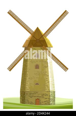 Isolierter Vektor der Windmühle auf weißem Hintergrund. Windmühle Flour Farm. Altes Steingebäude mit mühlsteinen, typisch holländisch, mit traditionellen Mehlmühlen. Landwirt Stockfoto