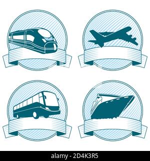 Reisen mit Bus, Bahn, Flugzeug und Kreuzfahrtschiff, Label - Vektor-Illustration Stock Vektor