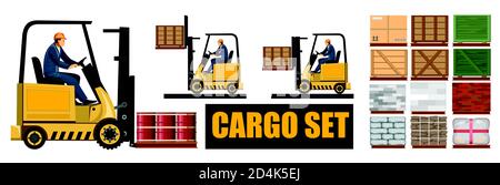 Gabelstapler. Vektor. Verladekisten, Ziegel, Steine, Fässer, Kartonverpackungen, Säcke, Zement. Paletten für Fracht. Lader. Holzpaletten. Laden und Stockfoto