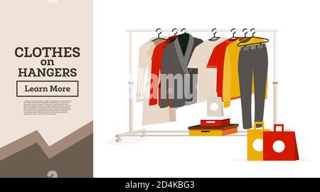 Frauenkleidung hängt an Kleiderbügeln. Geschenkschachteln und Taschen neben ihm. Vektorgrafik. Kleiderständer isoliert auf weißem Hintergrund. Stock Vektor