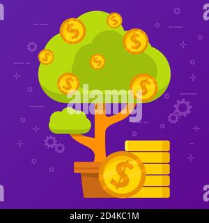 Geldmengenbaum. Konzept Einkommen der Investition von Geld. Vektor der flachen Illustration. Stock Vektor
