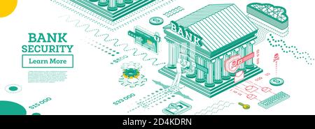 Banksicherheit. Sichere Zahlung. Vektorgrafik. Grundriss Bankgebäude im isometrischen Stil. Hackerangriff. Stock Vektor