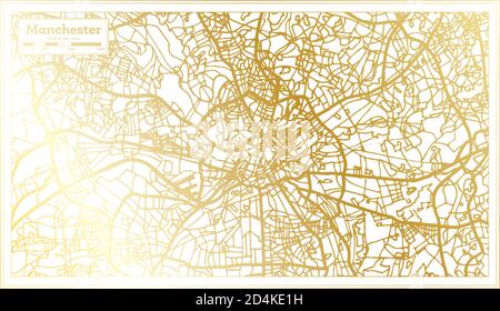 Manchester England Stadtplan im Retro-Stil in goldenen Farben. Übersichtskarte. Vektorgrafik. Stock Vektor