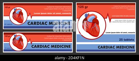 Label Vektor-Design der Medizin für das Herz. Verpackung. Kardiologische Tabletten. Set von Concept Sticker für Boxen, Dosen, Konvois. Isolierter Vektor. Stockfoto