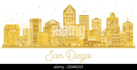 San Diego Kalifornien USA City Skyline Silhouette mit goldenen Gebäuden isoliert auf Weiß. Vektorgrafik. Stock Vektor