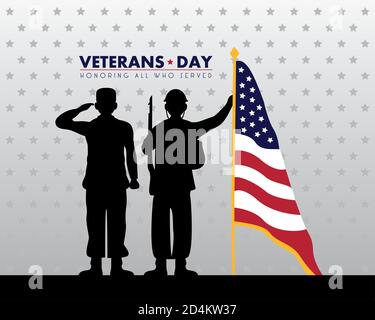 Happy Veterans Tag Schriftzug mit saluting Soldaten Silhouetten und Flagge Im Polvektor-Illustration-Design Stock Vektor