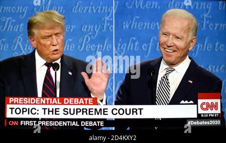 Screenshots der CNN-Website Live-Berichterstattung über die US-Präsidentschaftsdebatte zwischen Präsident Donald Trump und dem ehemaligen Vizepräsidenten Joe Biden. Stockfoto