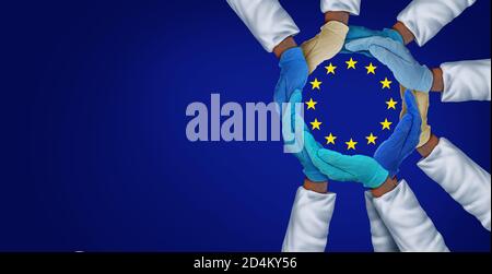 Europäische vereinte Gesundheitspersonal und wichtige EU-Krankenhauspersonal und medizinische Vorsorgegruppe oder Europa Medizin Teamarbeit als Gruppe von Ärzten. Stockfoto