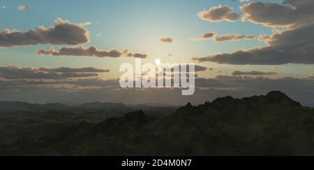 Bergpanorama über den Wolken Sonnenuntergang. Computergenerierte 3D-Illustration Stockfoto Bergpanorama über den Wolken Sonnenuntergang. Computergenerierte 3D-Illustration Stockfoto