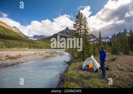 Mann, der neben dem Zelt in der Nähe von Castleguard Meadows, Banff Park, steht. Stockfoto
